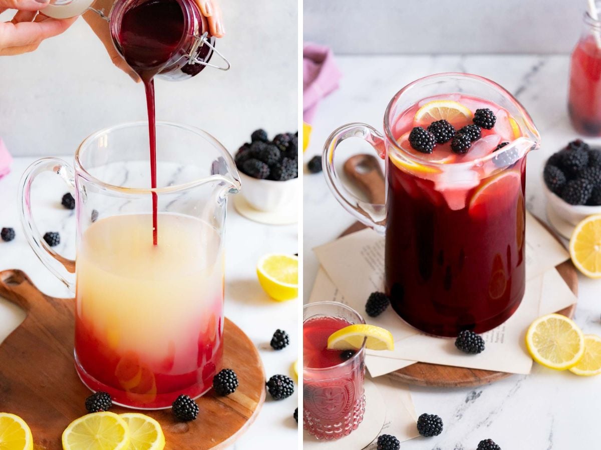 Two images: the first shows dark syrup being poured into a pitcher of lemonade; the second displays refreshing blackberry lemonade, garnished with blackberries and lemon slices.