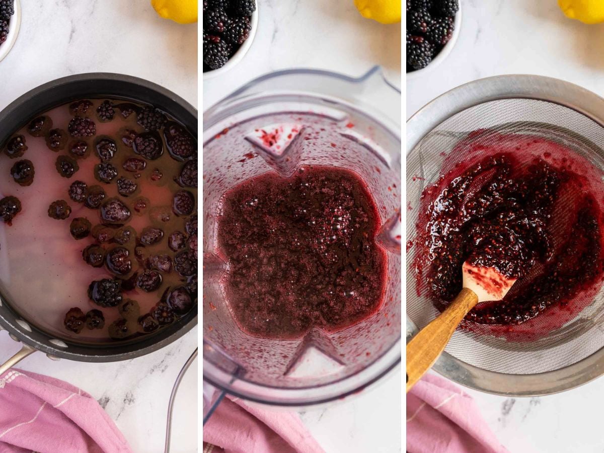 Three-step process for blackberry simple syrup-perfect for blackberry lemonade-involves cooking blackberries in a pot, blending the mixture, and straining the sauce with a spatula through a sieve.