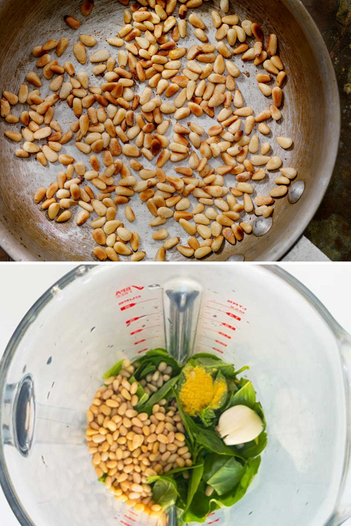 Toasting pine nuts and adding to blender.