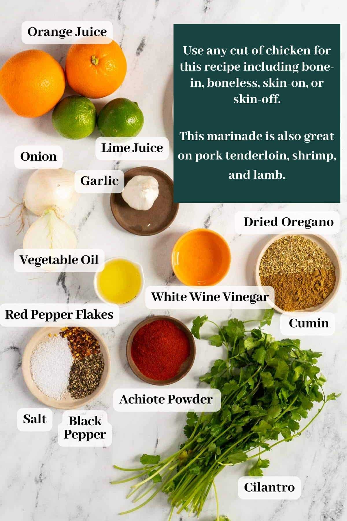 Recipe ingredients on a marble countertop.