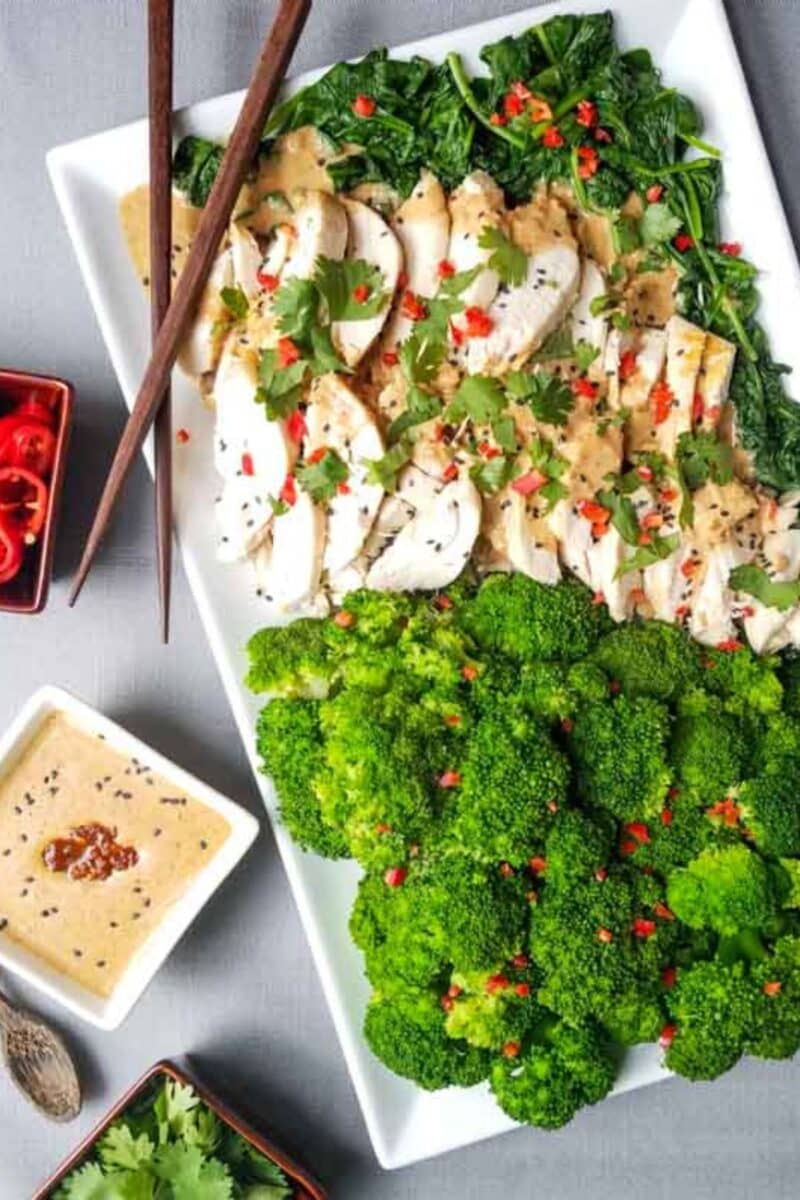 Chicken and spinach on a plate with sauce.