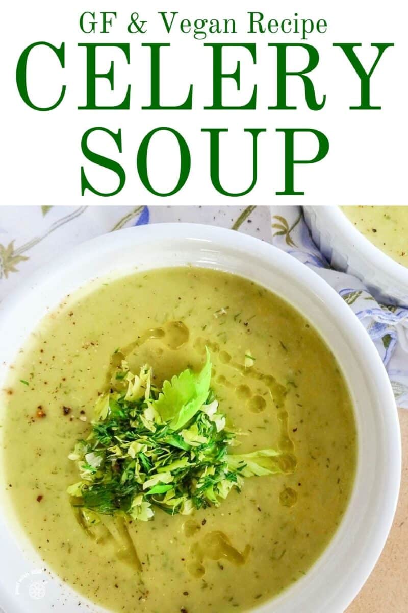 Soup in a white bowl with celery leaves.