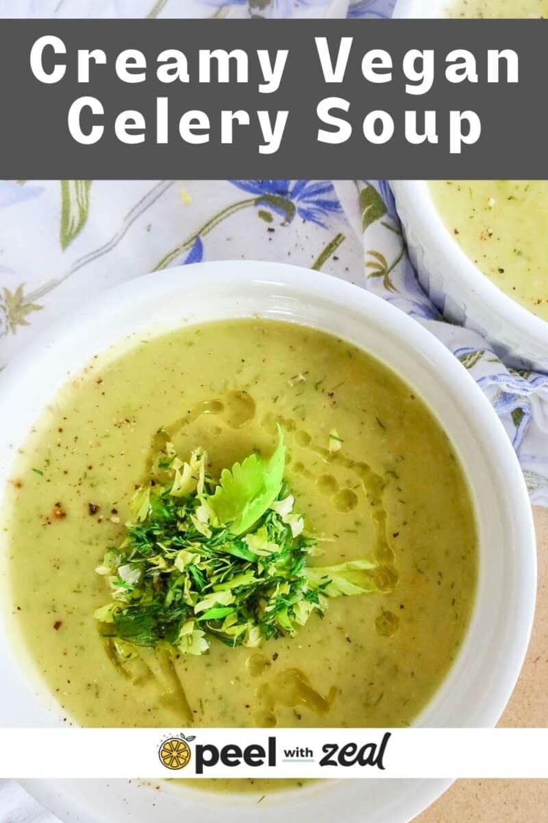 Clery soup in a bowl on a blue placemat.