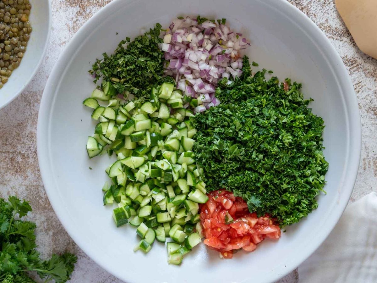 A white bowl containing separate piles of chopped red onion, parsley, cucumber, tomato, and mint, arranged neatly on a countertop-perfect fresh ingredients for making lentil tabbouleh.