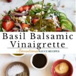 Pouring balsamic basil dressing on a salad.