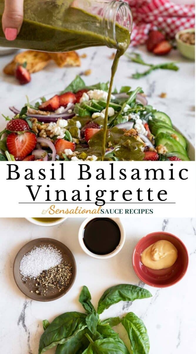 Pouring balsamic basil dressing on a salad.
