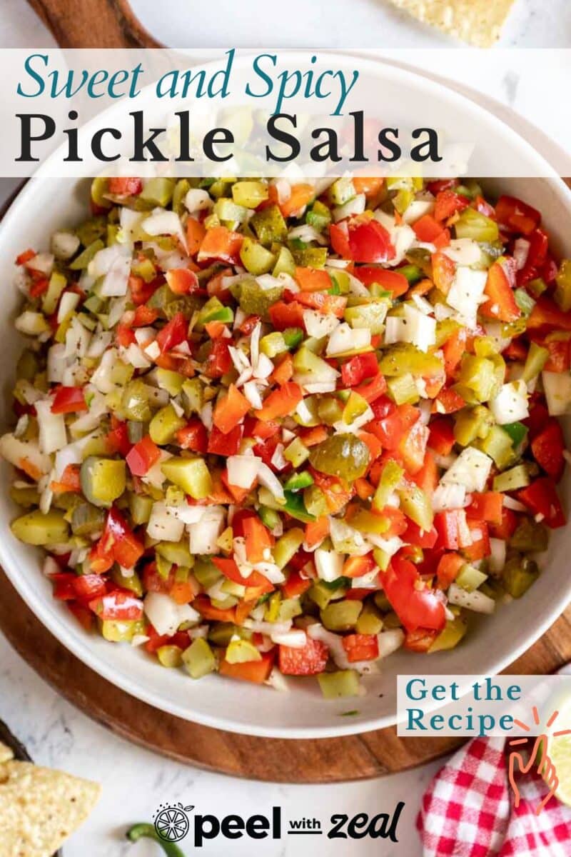 A bowl of sweet and spicy pickle salsa brimming with chopped vegetables. Text reads "Sweet and Spicy Pickle Salsa" with a tantalizing "Get the Recipe" prompt, all set above a sleek website logo at the bottom.