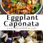 Caponata in a bowl with toasted bread and draining eggplant in a colander.