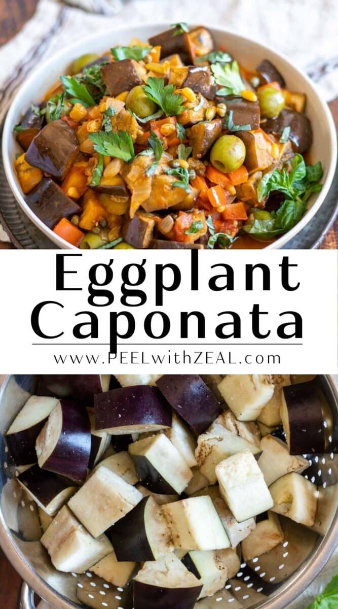 Caponata in a bowl with toasted bread and draining eggplant in a colander.