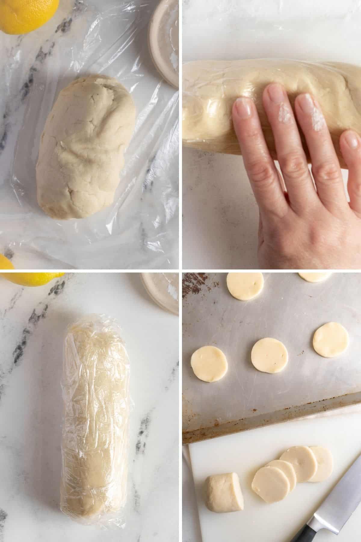 Rolling cookie dough in plastic wrap.