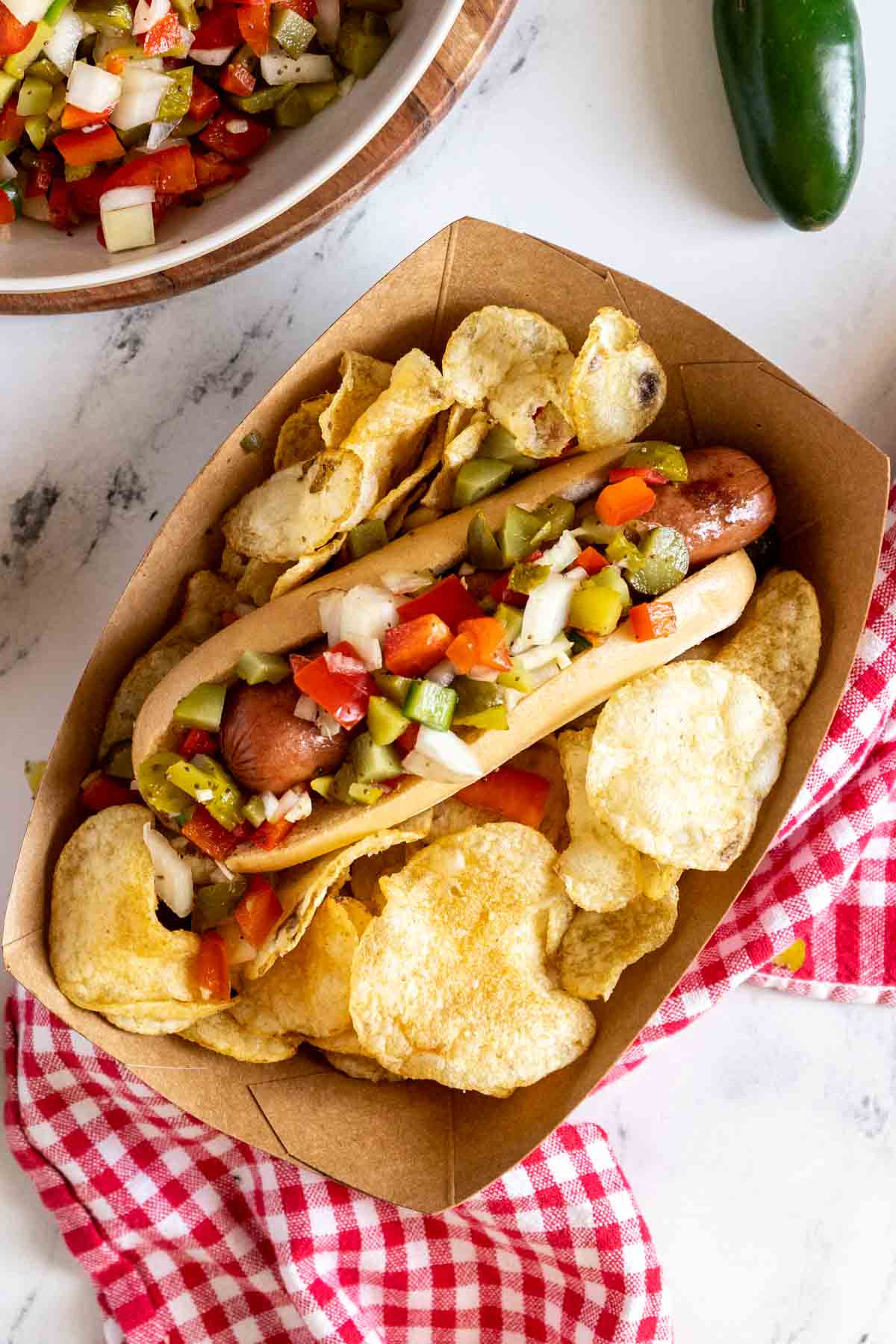 Pickle de gallo on a hot dog.