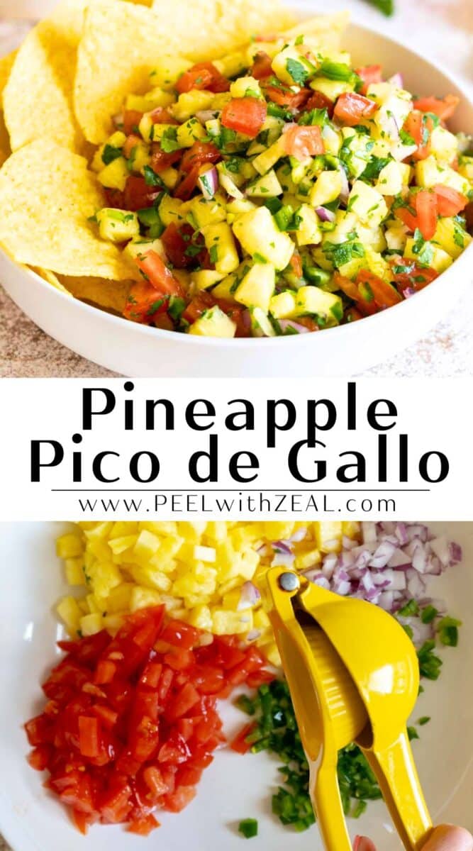 A vibrant bowl of pineapple pico de gallo beckons with tortilla chips. Nearby, chopped pineapple, tomatoes, onions, and cilantro mingle beside a sunny yellow citrus juicer.