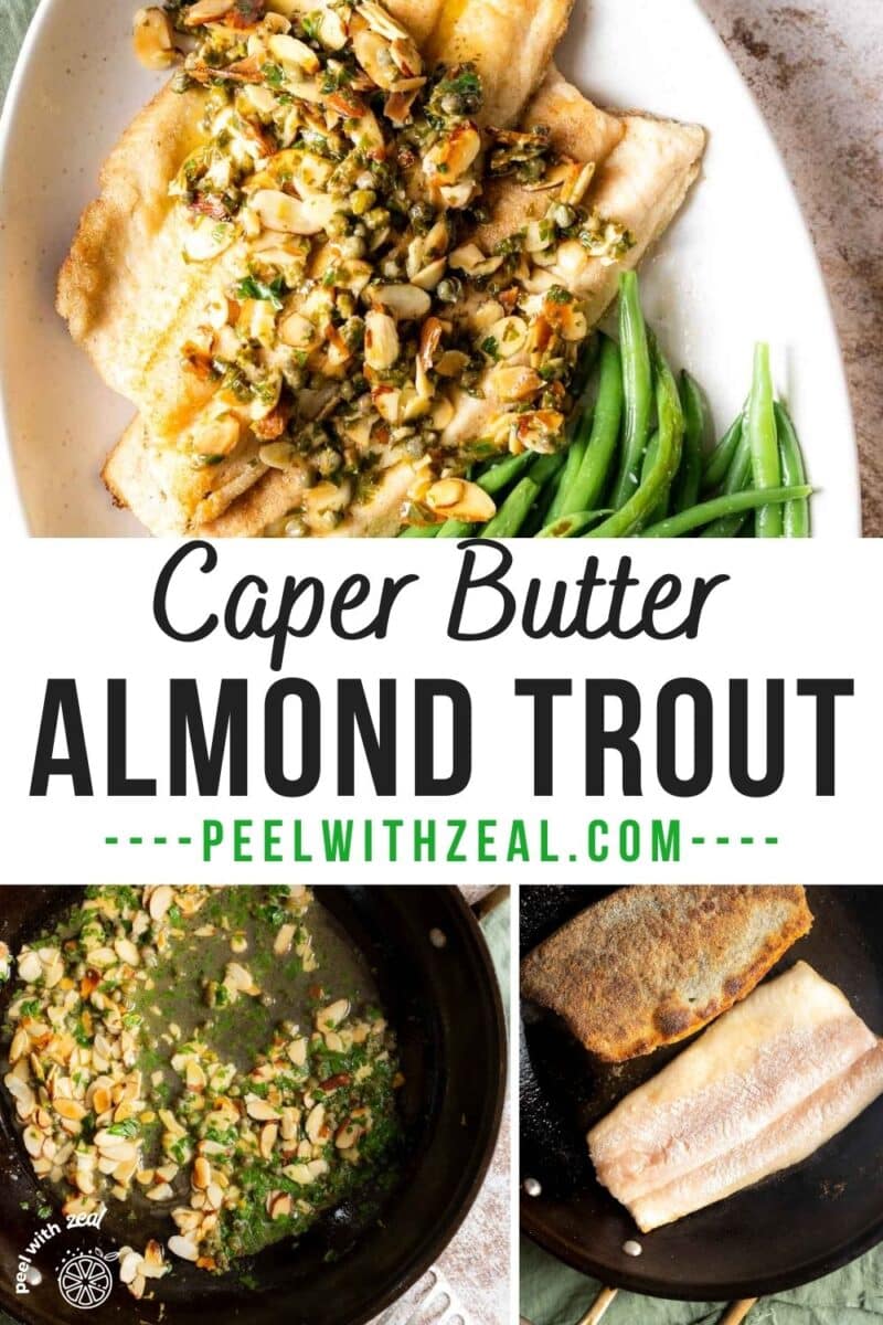 Trout with butter sauce and almonds on a plate with green beans.