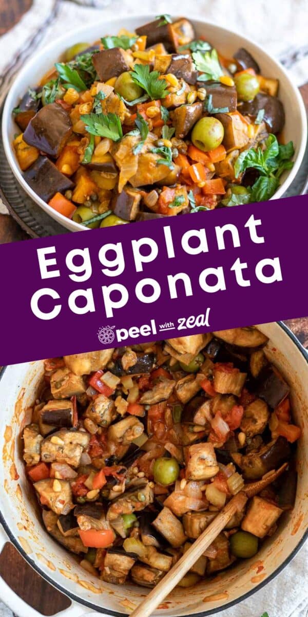 Caponata in a bowl with toasted bread.