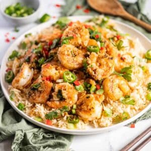 Seasoned shrimp served over rice.