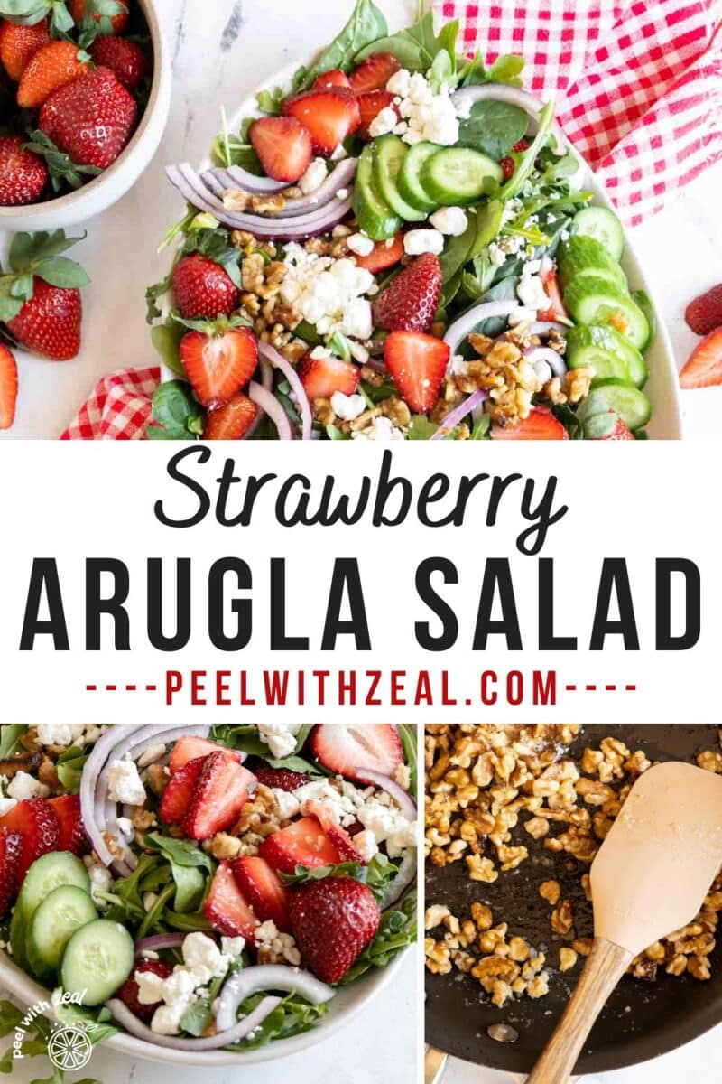 A strawberry and arugula salad with goat cheese.