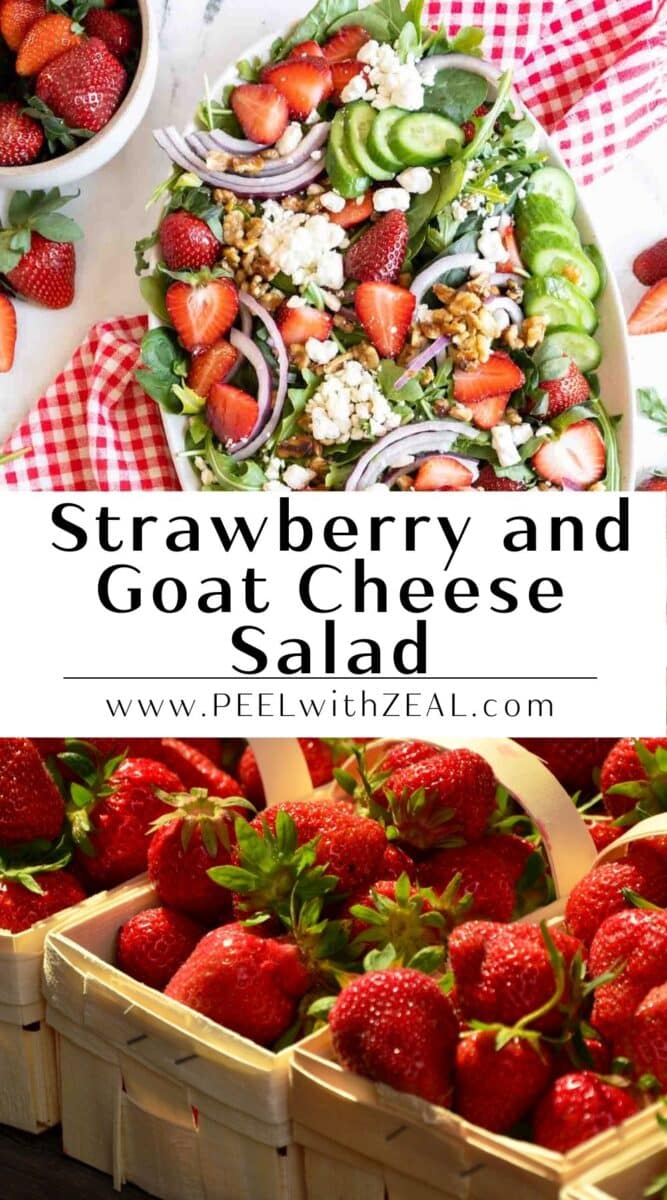 Baskets of strawberries and a big salad on a platter.