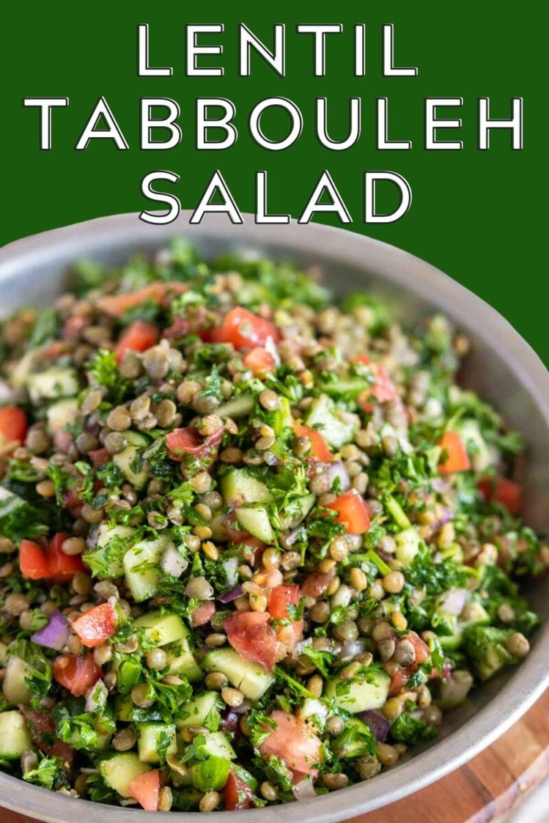 Tabbouleh salad with lentils in a pan.