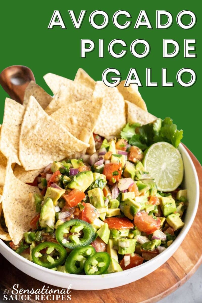 Avocado pico de gallo in a bowl with tortilla chips.