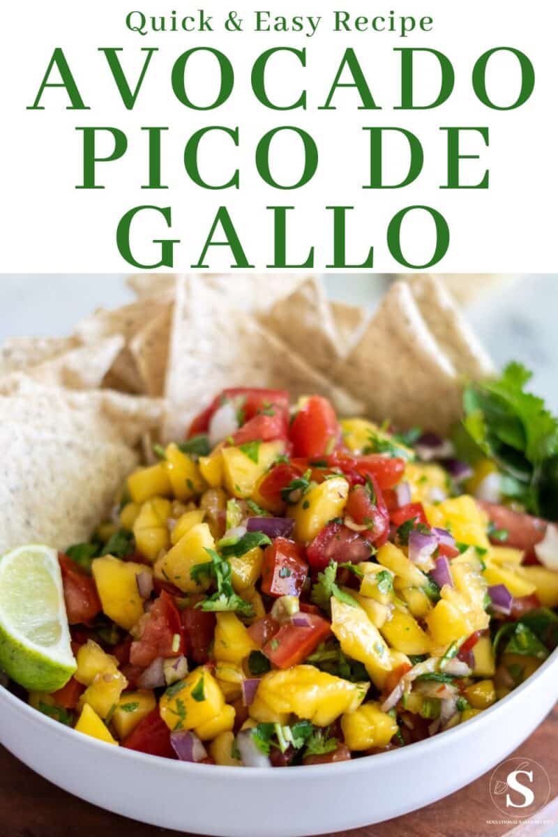 Avocado pico de gallo in a bowl with tortilla chips.