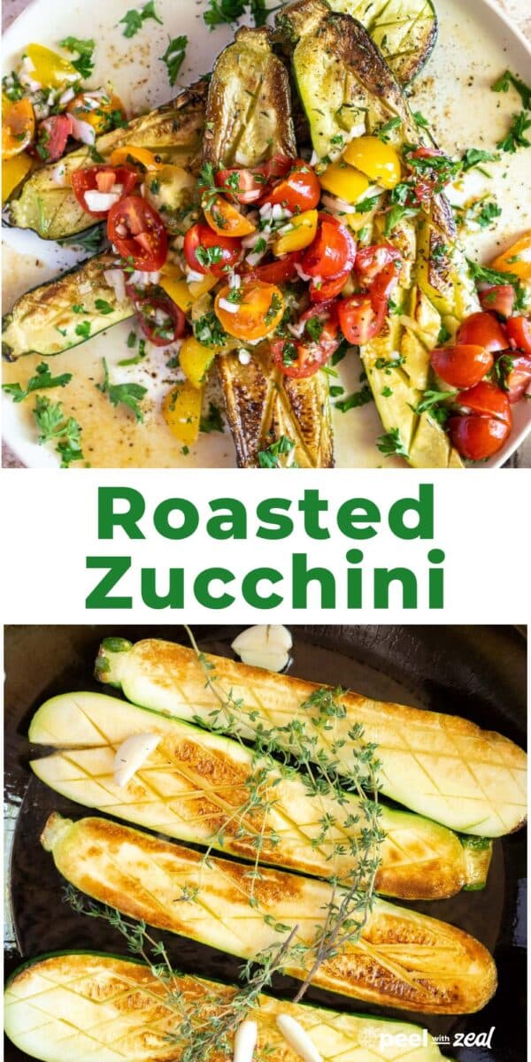 Roasted zucchini on a plate with tomatoes.