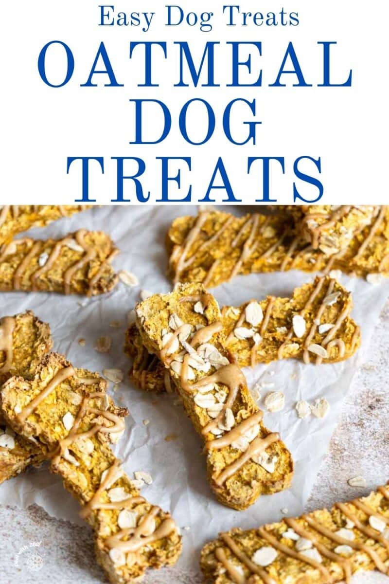 Oatmeal dog treats with peanut butter drizzle.