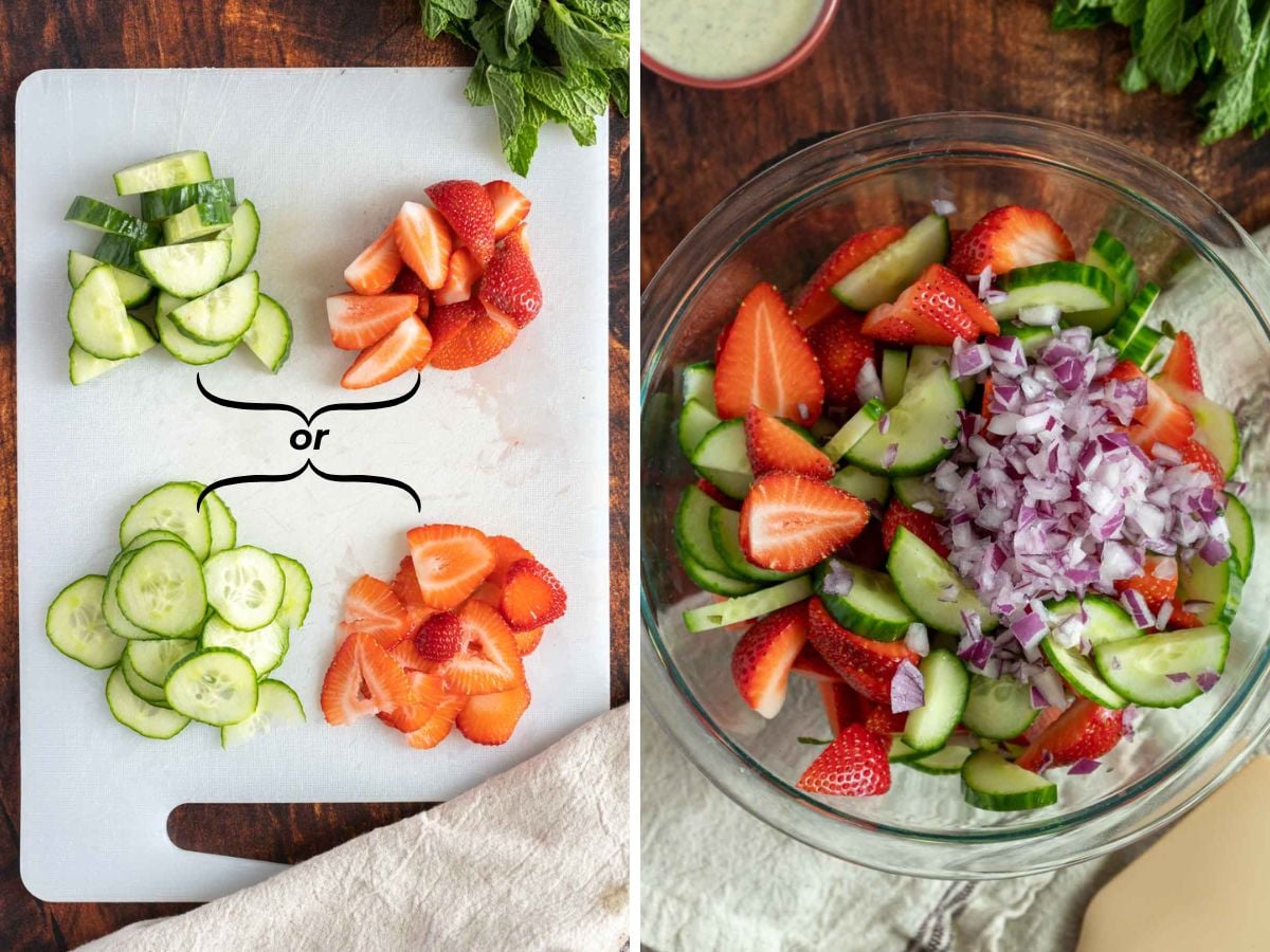 Chopped cucumbers and strawberries on a cutting board, alongside a bowl containing sliced cucumbers, strawberries, and diced red onions&mdash;perfect ingredients for a refreshing Strawberry Cucumber Salad.