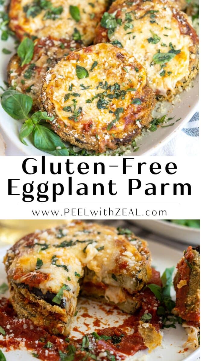 Eggplant parmesan on a serving plate with fresh basil.