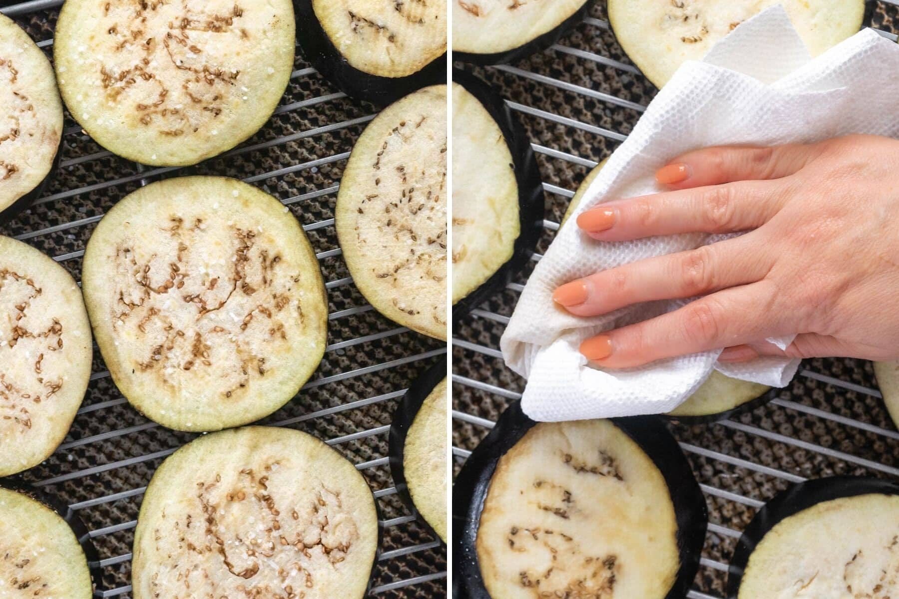 Salting the eggplant before roasting.