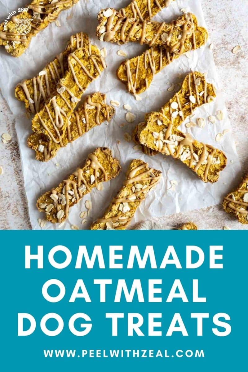 Homemade dog biscuits with oats sprinkled around.