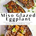 Miso glazed eggplant with scallions on a plate.