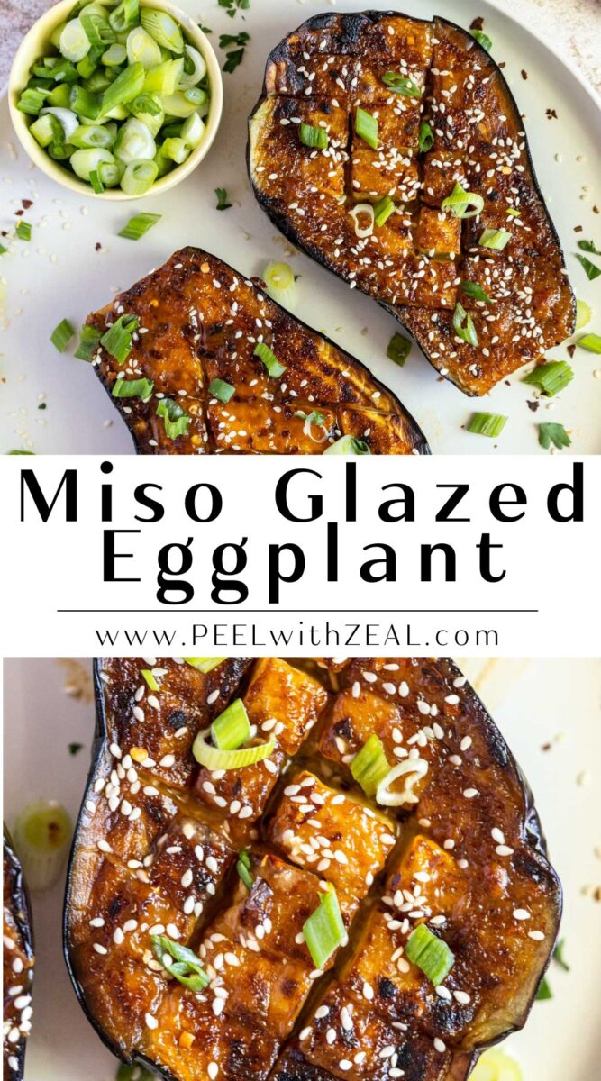 Miso glazed eggplant with scallions on a plate.