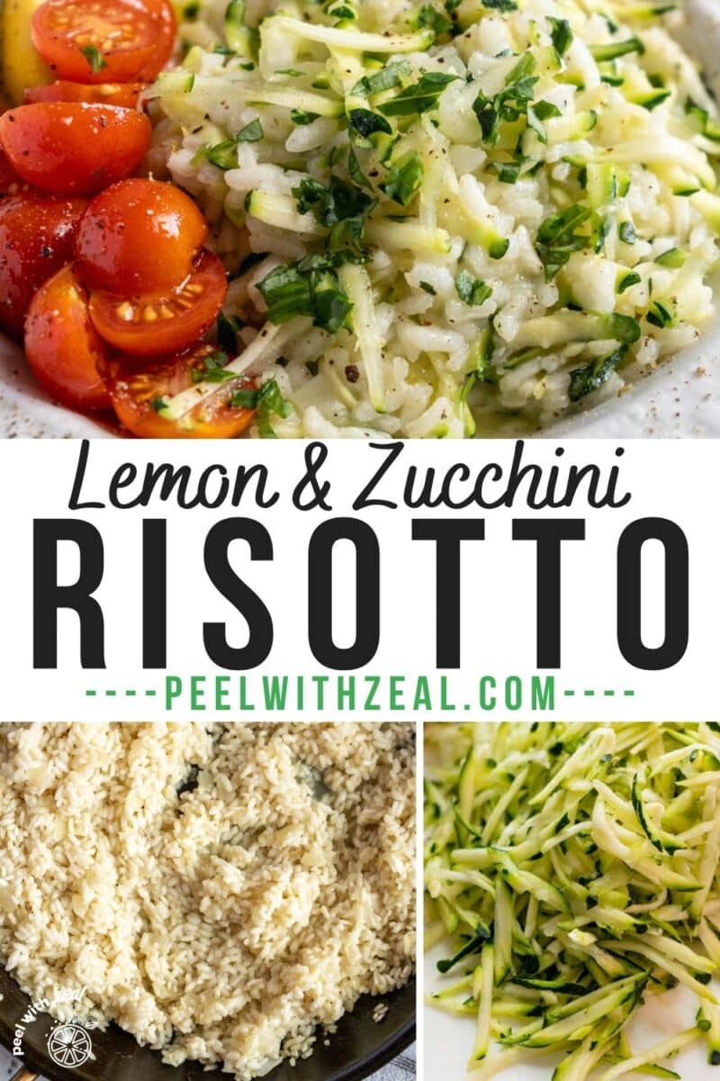 Risotto in a bowl with tomatoes and zucchini.