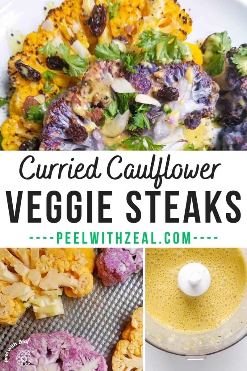 Cauliflower steaks on a plate and curry sauce in a blender.