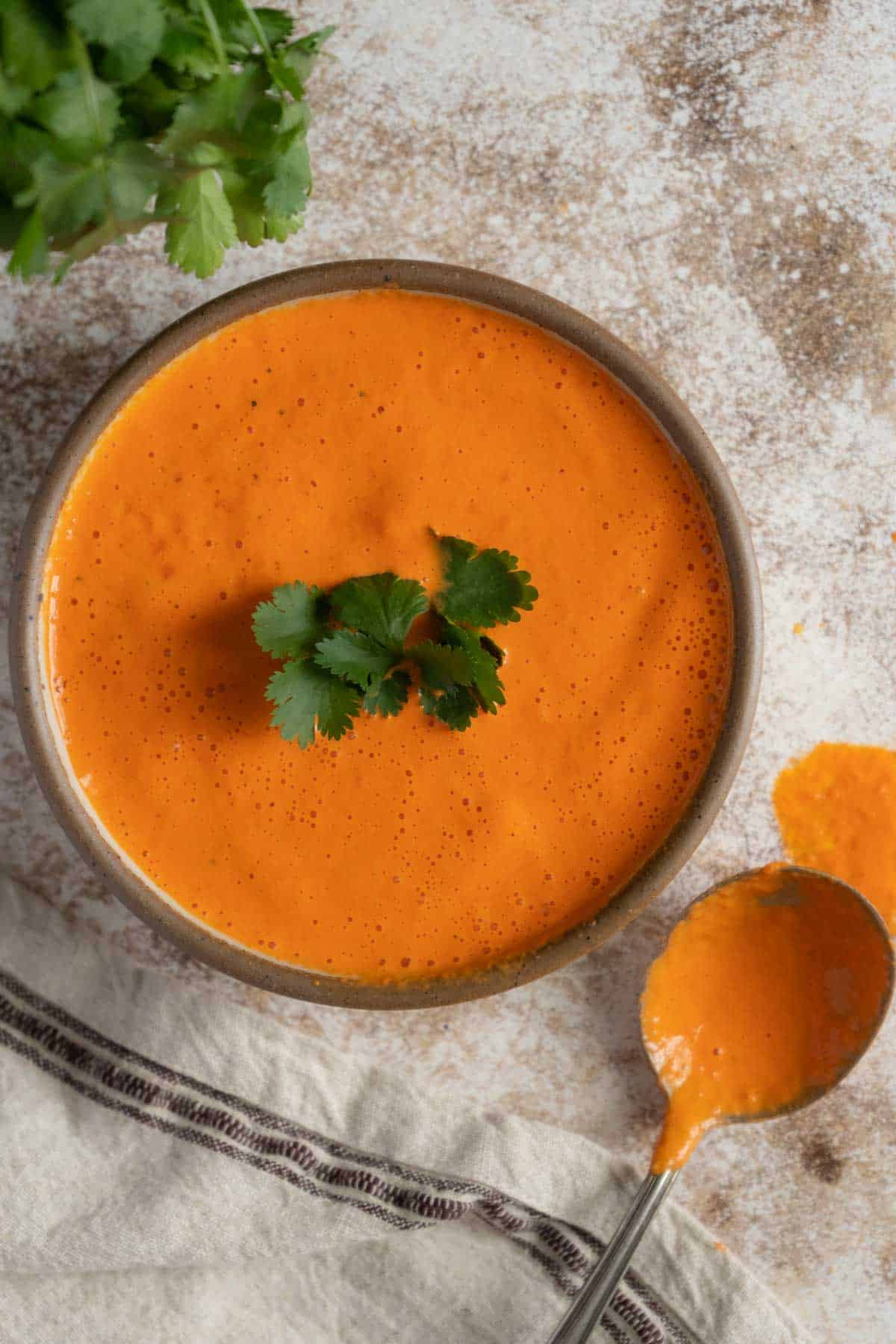 A bowl of creamy red pepper sauce garnished with parsley, placed on a textured surface, with a spoonful of soup beside it.