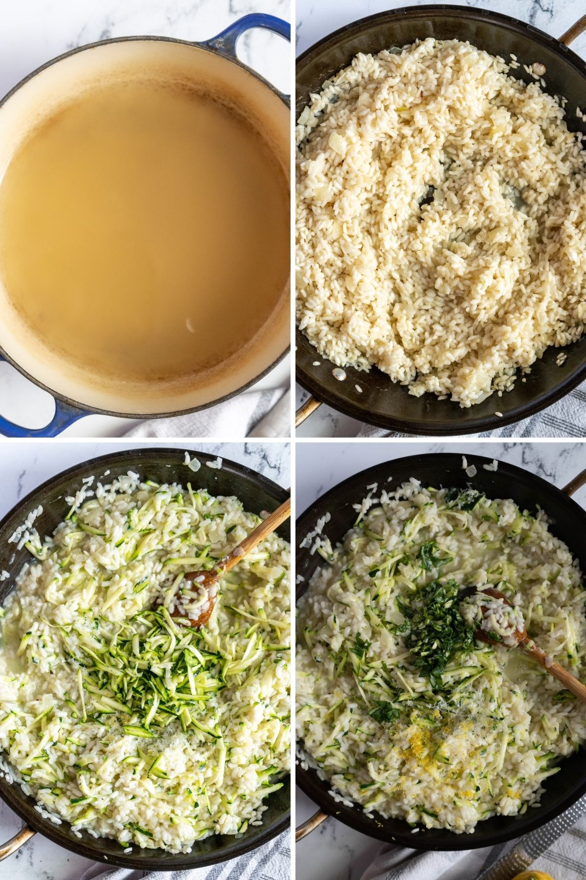 Making risotto in a large pan.