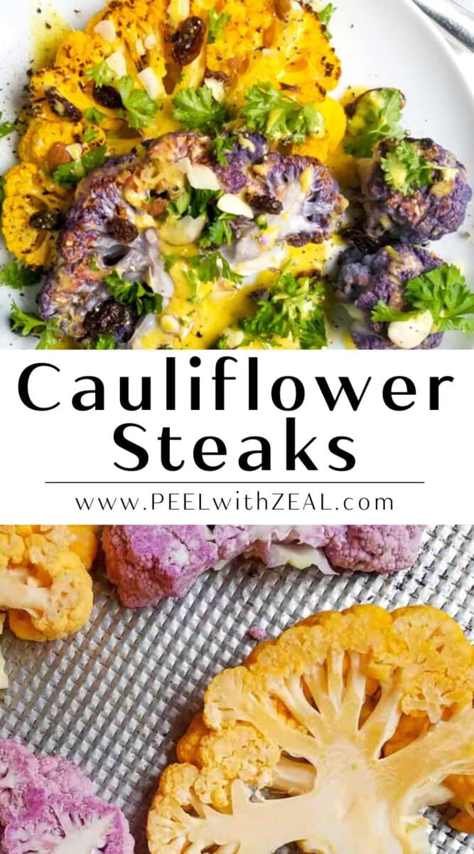 Cauliflower steaks on a plate and slice cauliflower on a roasting pan.
