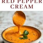 Roasted red pepper cream sauce in a clay bowl.