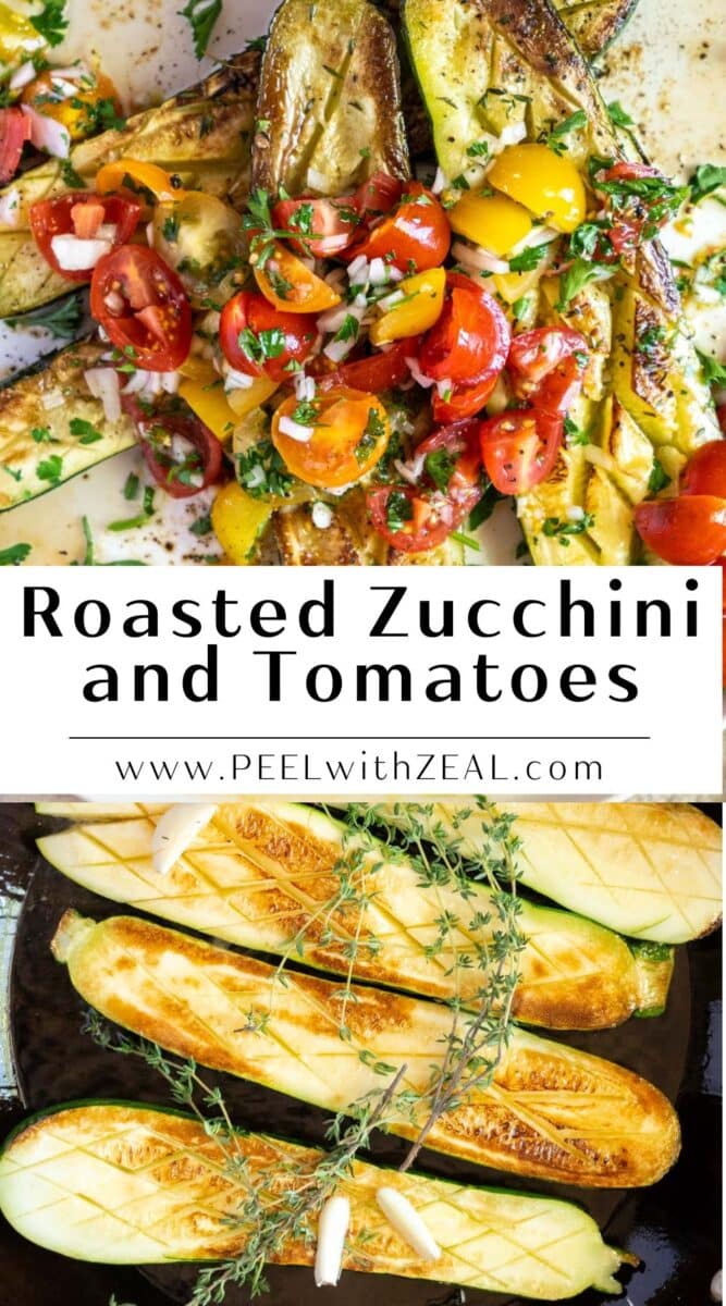Roasted zucchini on a plate with tomatoes.
