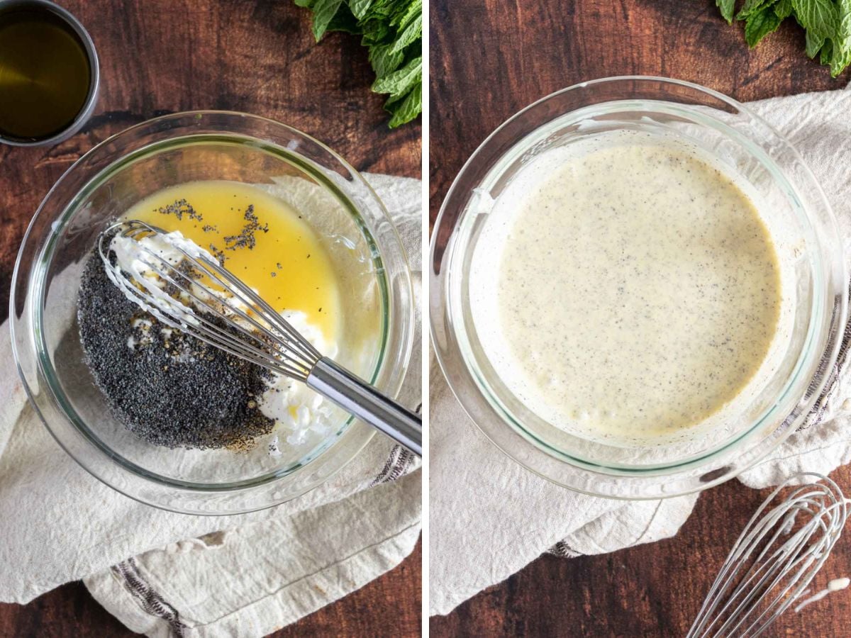 Two side-by-side images show a mixing bowl with poppy seeds, honey, and other ingredients being whisked for a Strawberry Cucumber Salad, and the same bowl with the mixture fully blended into a creamy dressing.
