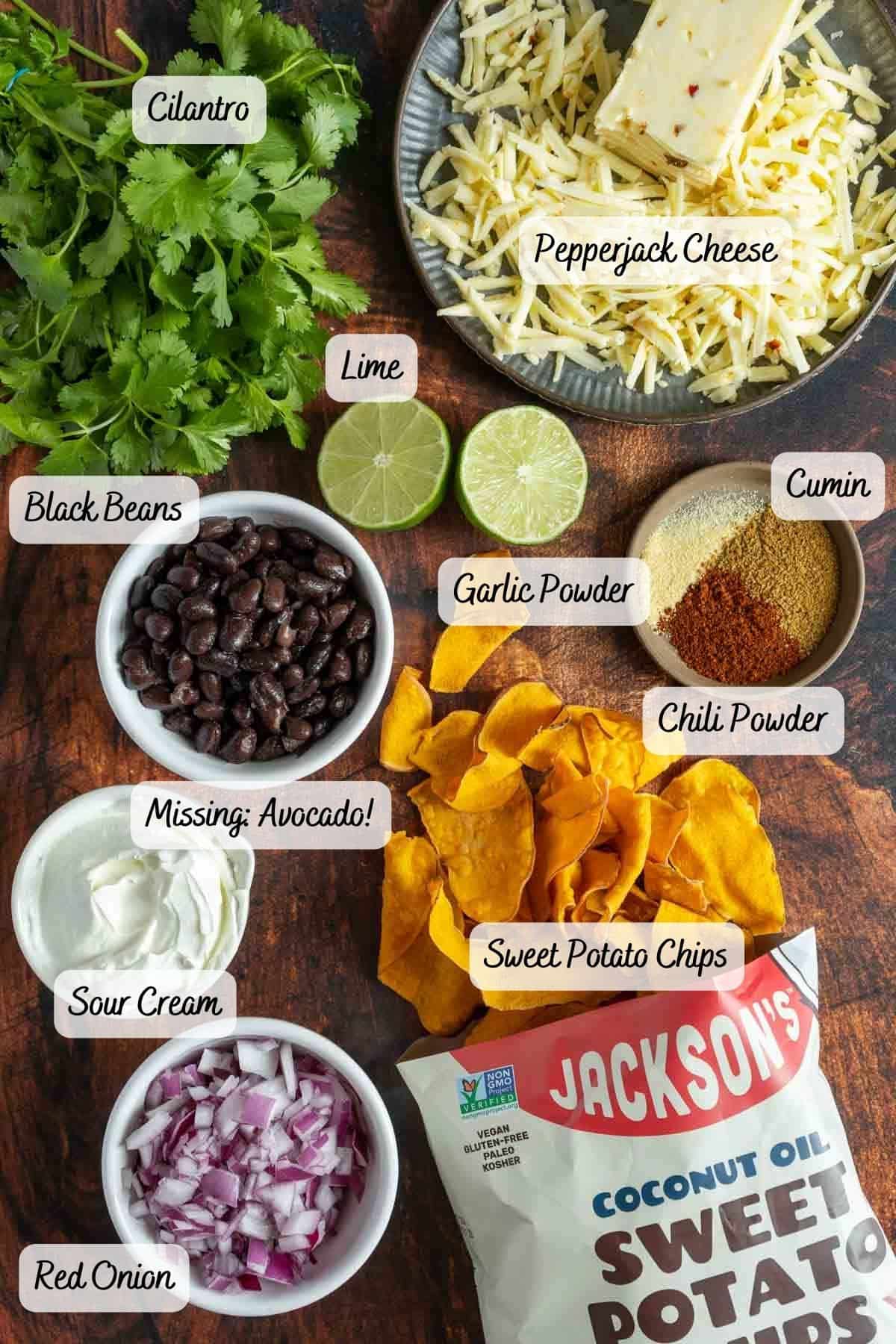 Nacho ingredients on a counter.