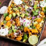 Sweet potato nachos on a sheet pan.