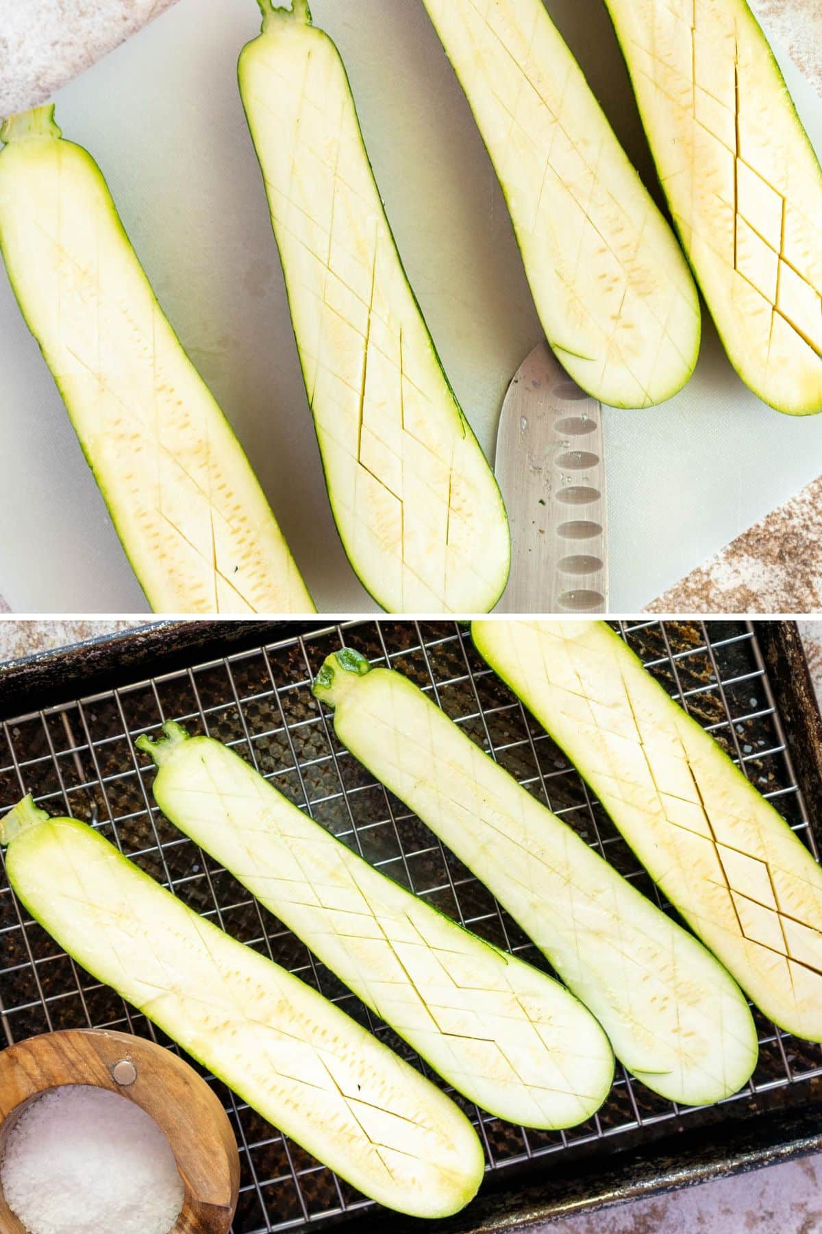 Cutting a cross hatch pattern in the sliced zucchini.