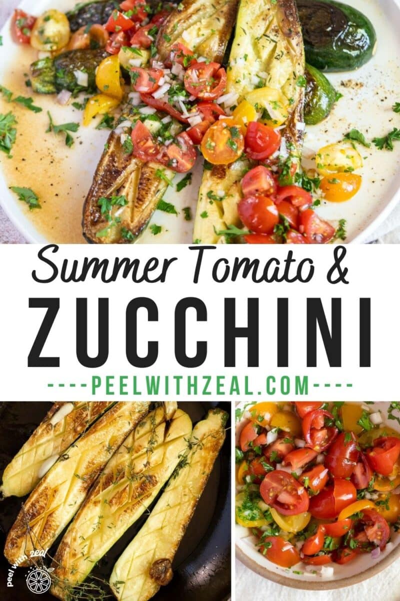Roasted zucchini on a plate with tomatoes.