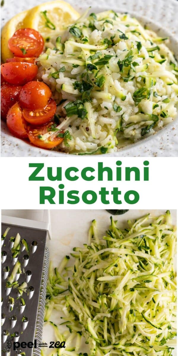 Risotto in a bowl with grated zucchini.