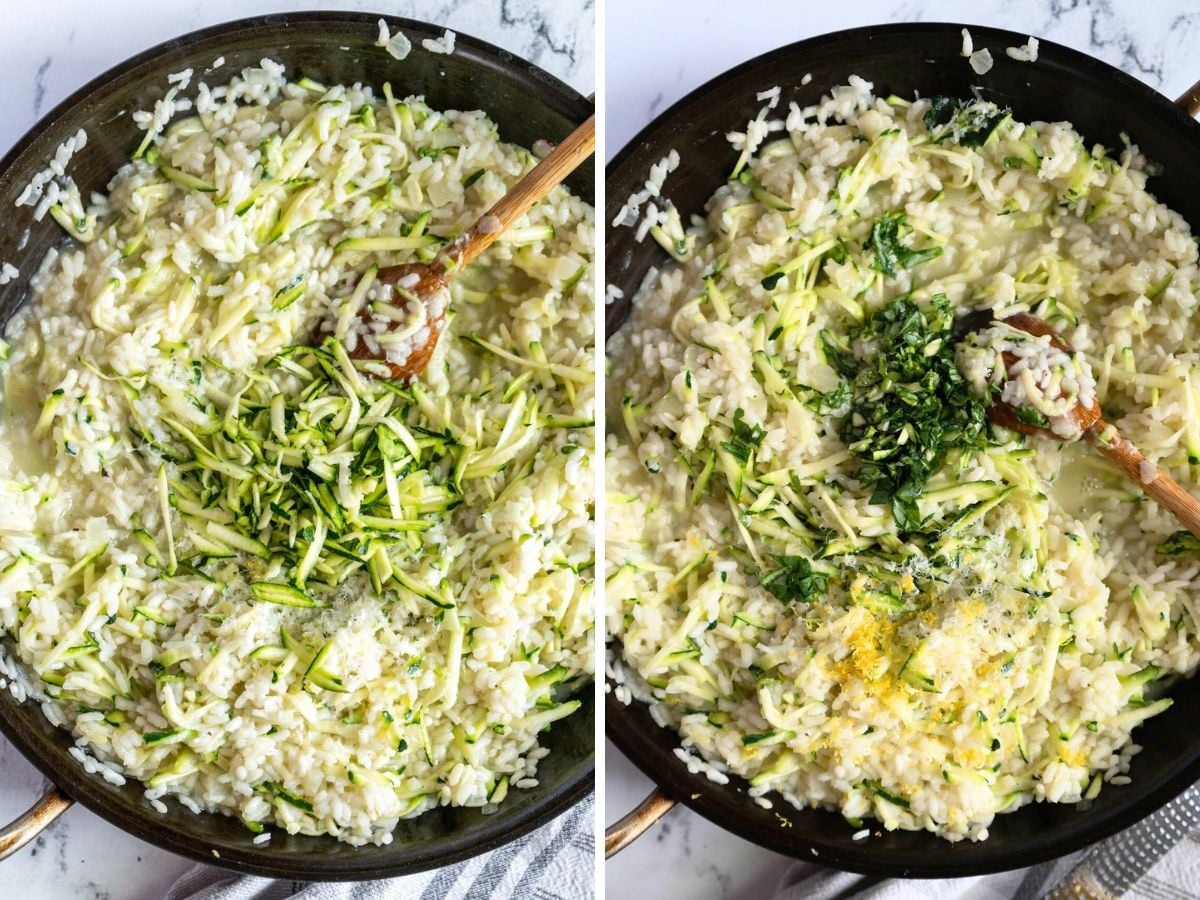 Two side-by-side images show zucchini risotto in progress: rice and shredded zucchini being stirred with a wooden spoon, followed by chopped herbs and lemon zest sprinkled on top of the mixture.