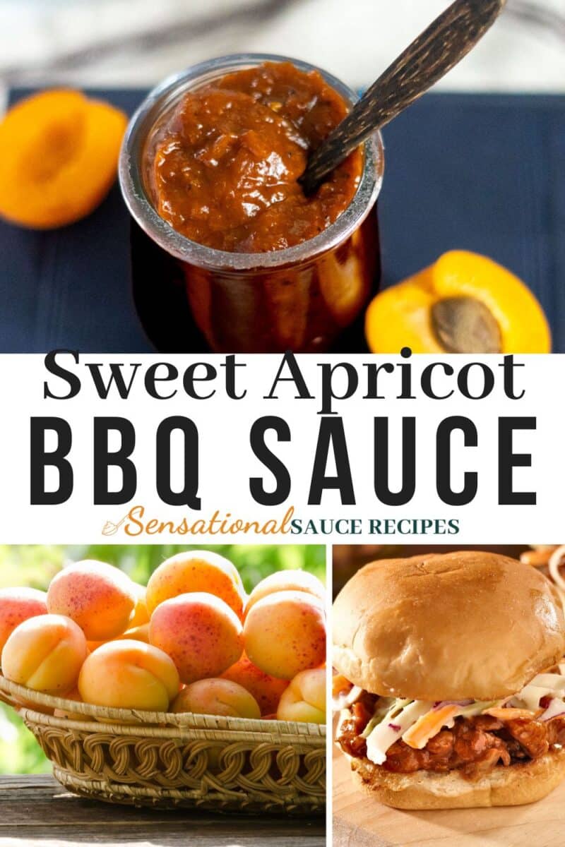 BBQ sauce in a jar with wooden spoon and sliced apricots.
