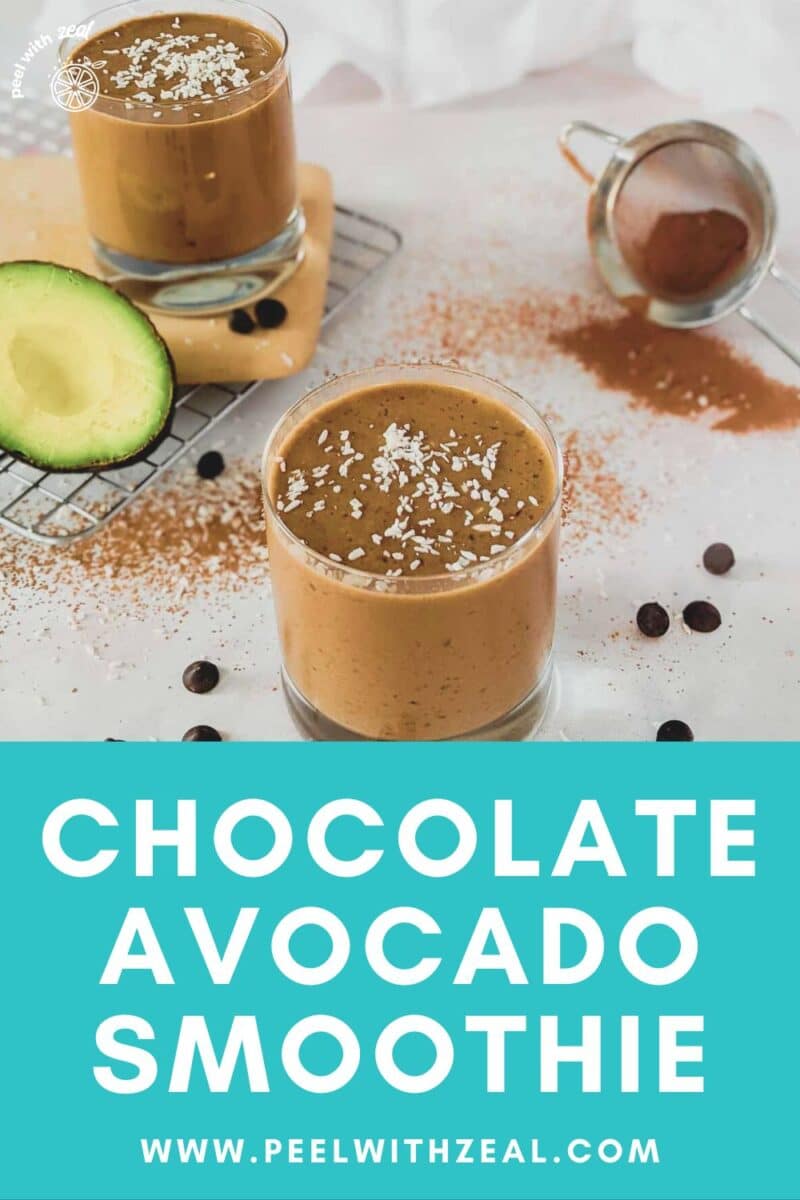 Chocolate smoothie in a glass with avocados.
