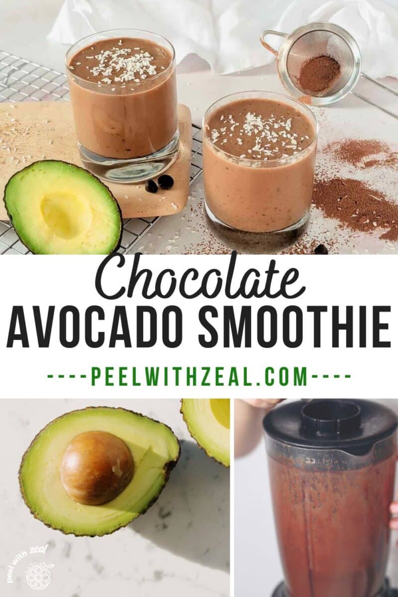 Chocolate smoothie in a glass with avocados.