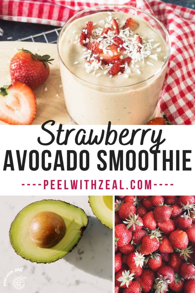 Strawberry avocado smoothie in a glass with strawberries and fresh avocado.